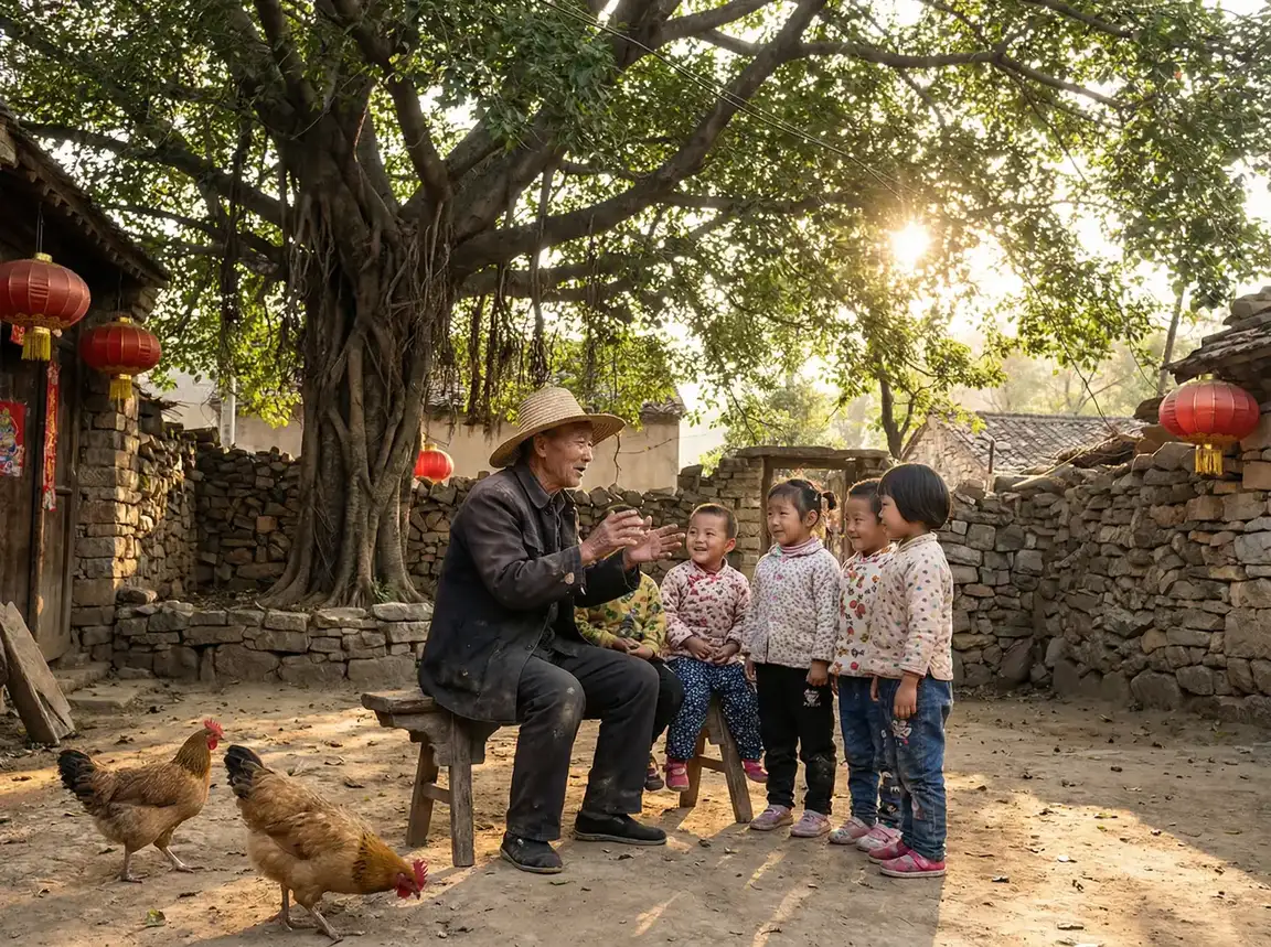 老人在大榕树下给孩子们讲故事 - 梦幻西游剧情任务 乡村记忆